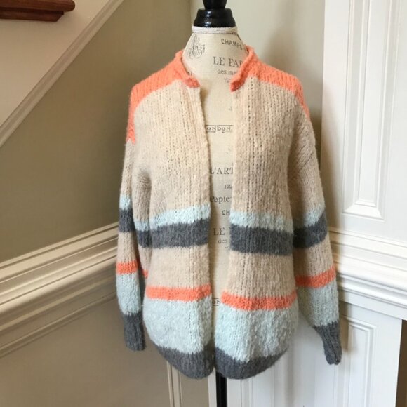 Anthropologie Sita Murt Cardigan Sweater Womens 38 Medium Cream Gray Stripe Knit - Picture 11 of 11
